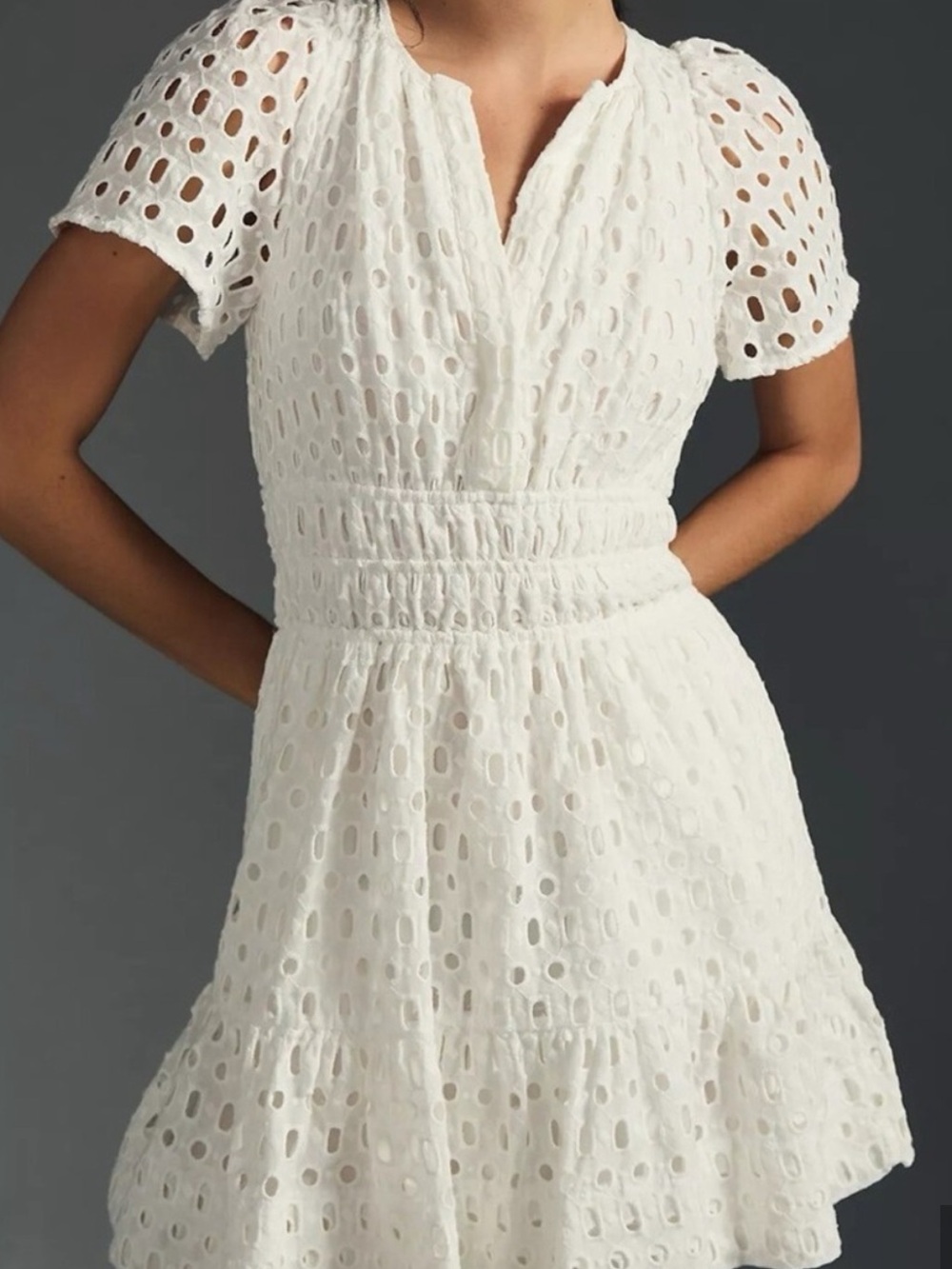 Anthropologie Classic White Eyelet V-Neck Short Sleeve Dress